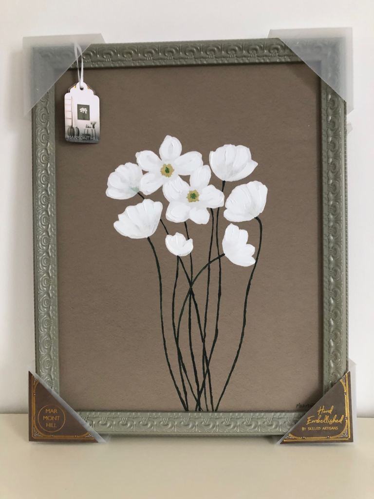 New Hand-Embellished Framed Wall Art – White Flowers