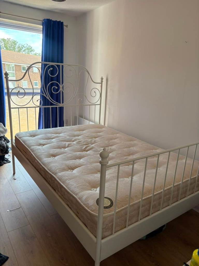 White Metal Double Bed Frame with Mattress – Good Condition