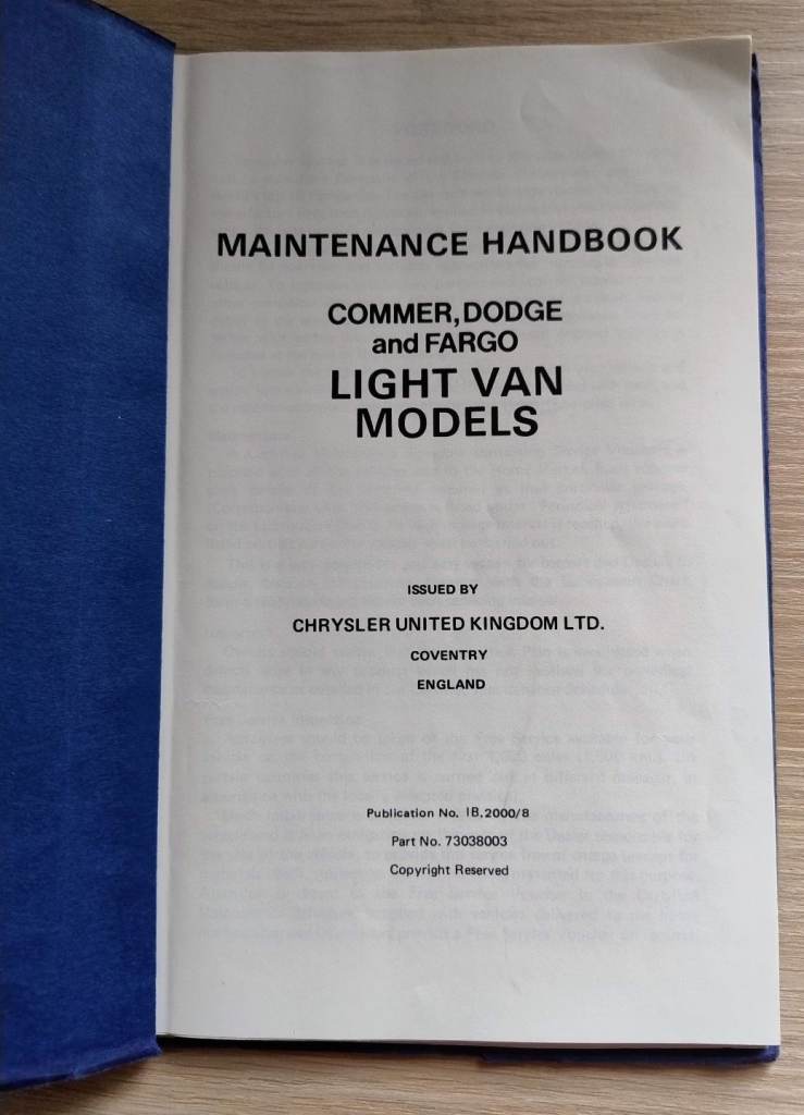 Tolbot Light Van Models Maintenance Handbook Vintage 