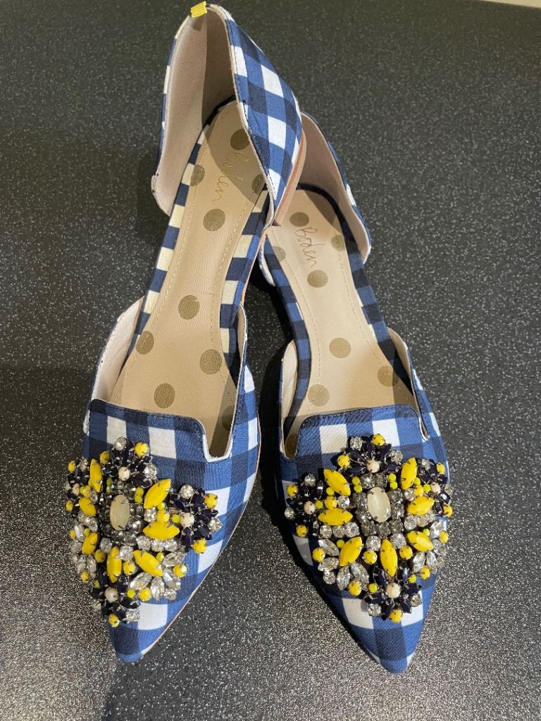 Boden Blue Gingham Gem Embellished Flats (New)