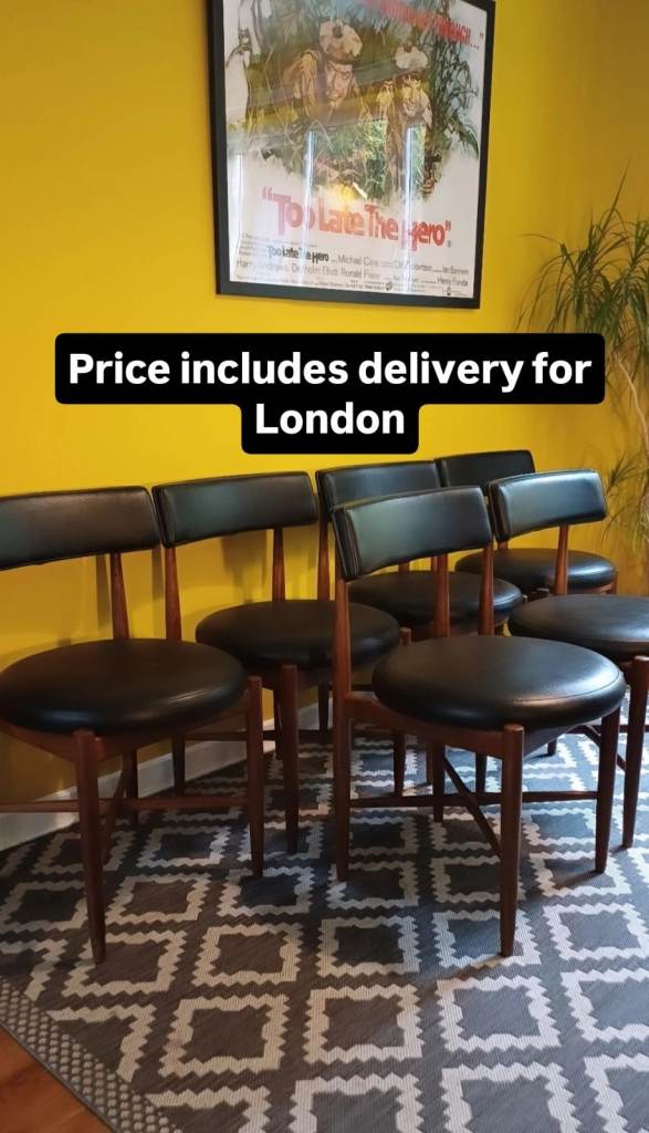 6 x G Plan Teak Fresco Victor Wilkins Black Leatherette Dining Chairs Mid Century Vintage 1970s