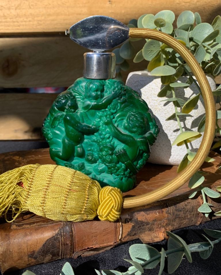 image for Rare Antique Art Deco Malachite Glass Putti Perfume Scent Bottle