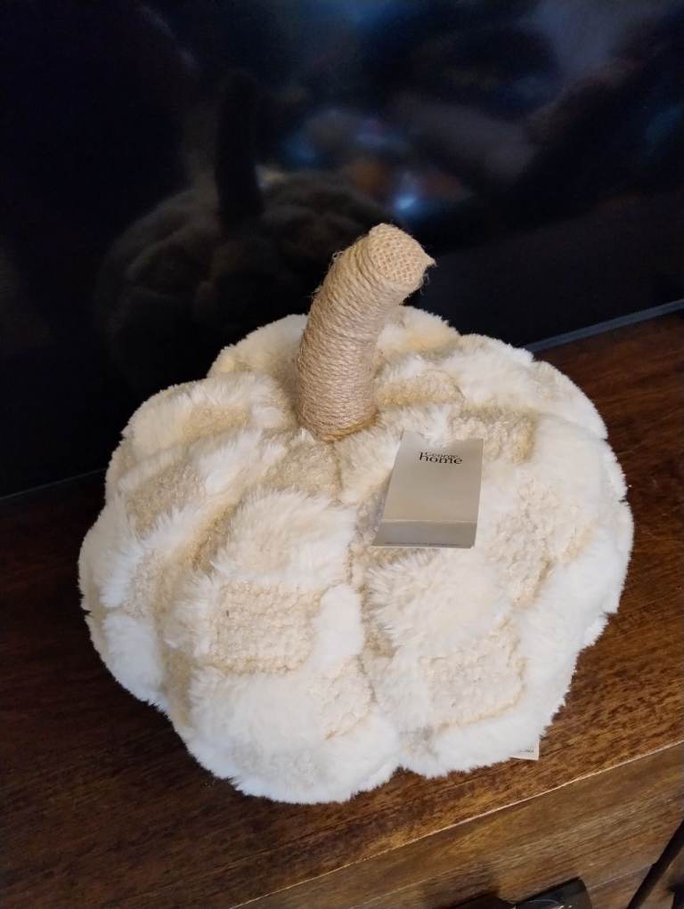 NEW with tags - George Large natural cream faux fur checkerboard Halloween pumpkin plush cushion