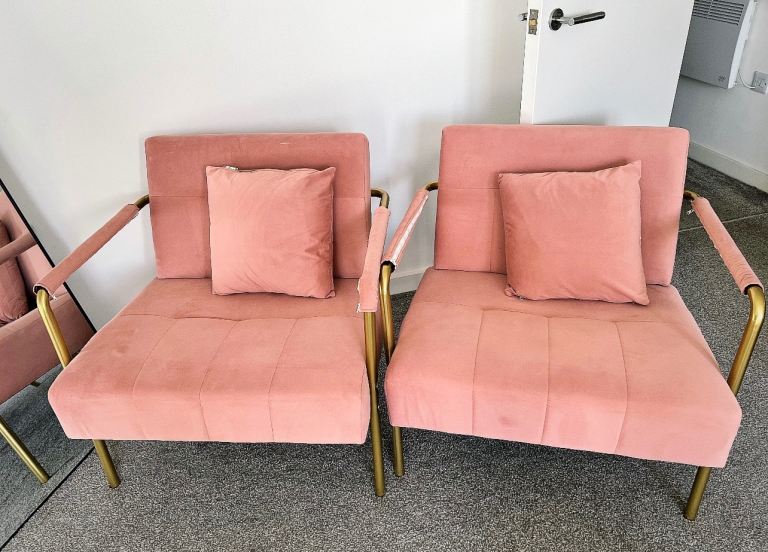 Pair of Pink Velvet Armchairs with Gold Frames – Good Condition