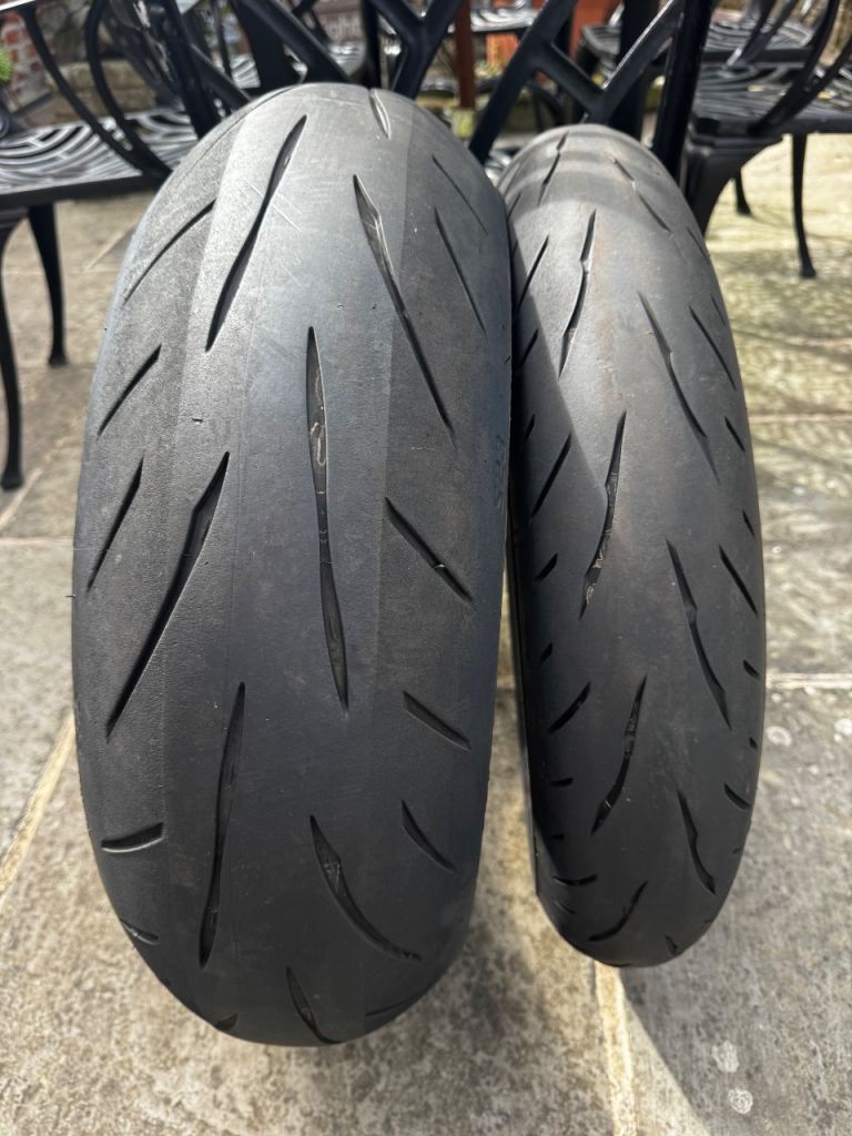 Pair of part worn Bridgestone S23 motorcycle tyres