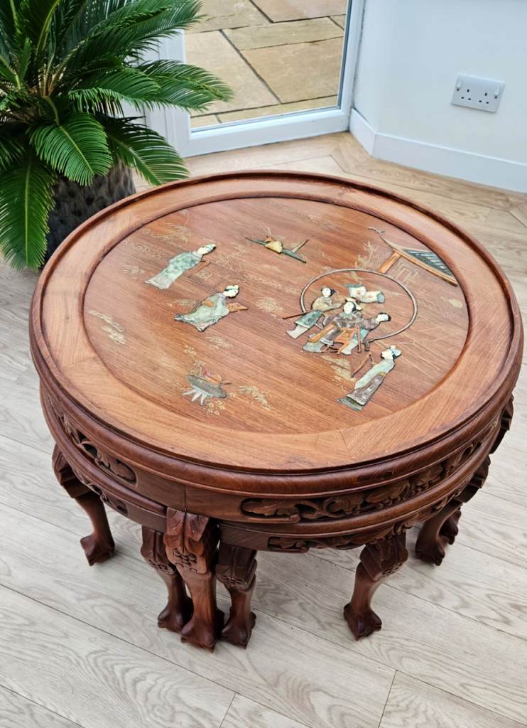 Vintage hand carved Chinese table with 4 stools + glass top