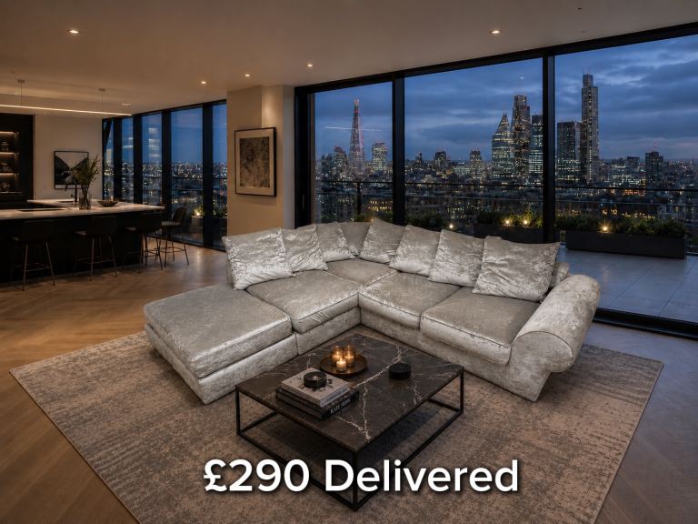 DELIVERY AVAILABLE - Silver Crushed Velvet Corner Sofa with Footstool