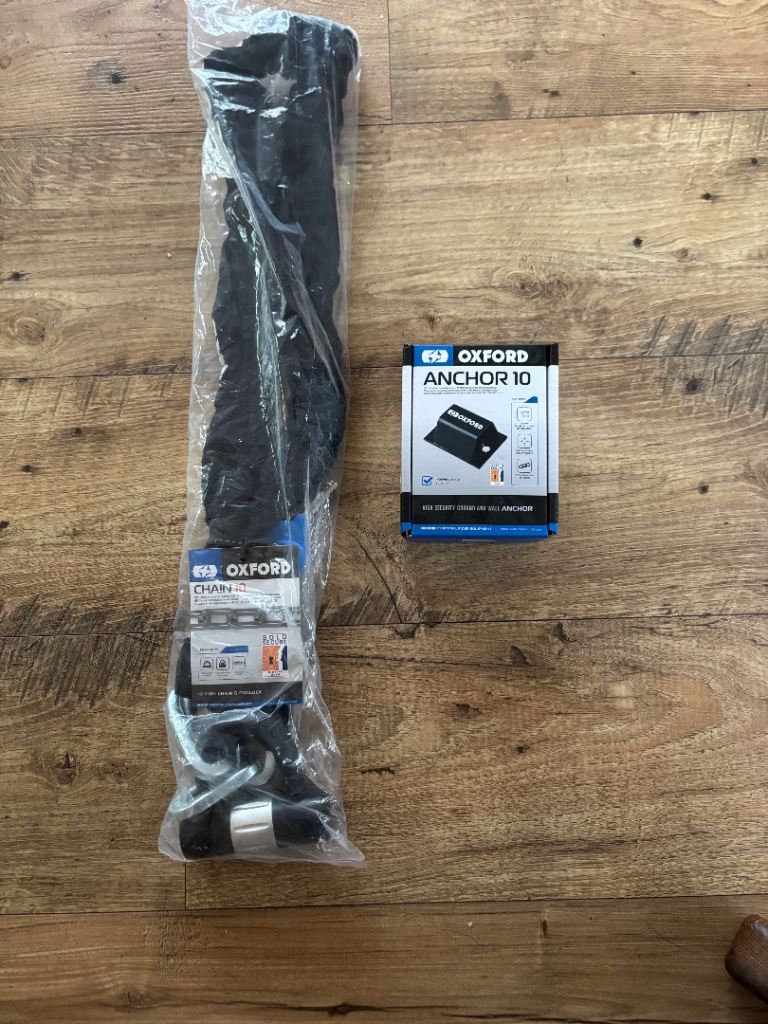 Oxford 10 bike or motorbike ground anchor with chain and lock. Unused. Sold Secure rated