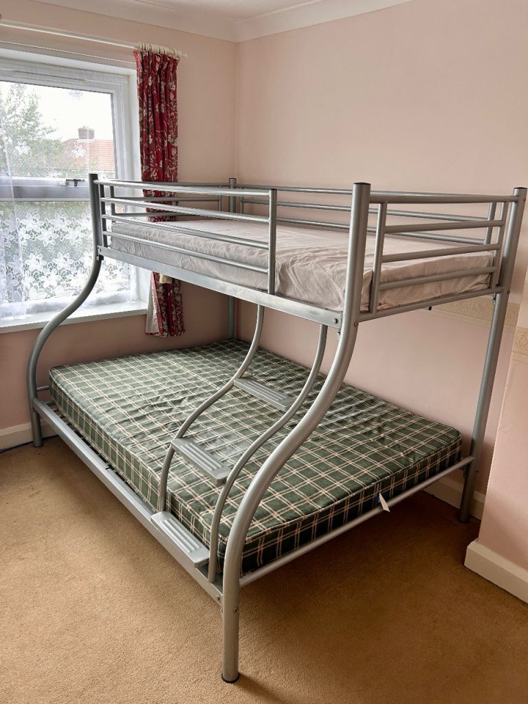 Silver Metal Bunk Bed with Double Bottom – Good Condition