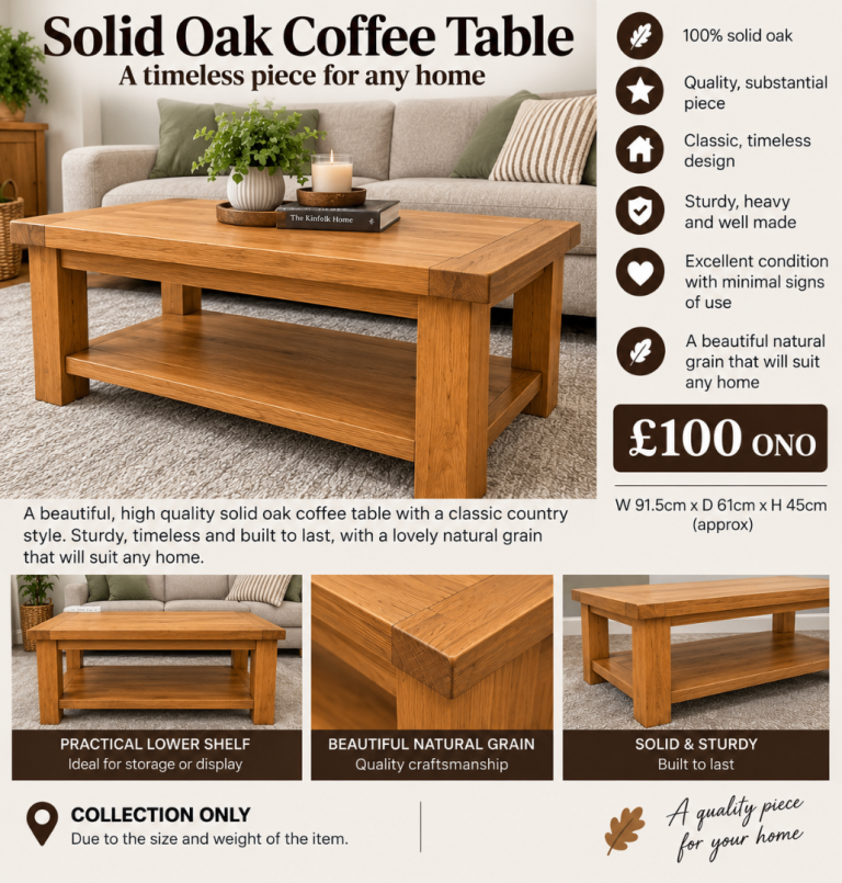 Solid Oak Coffee Table with Lower Shelf – Excellent Condition