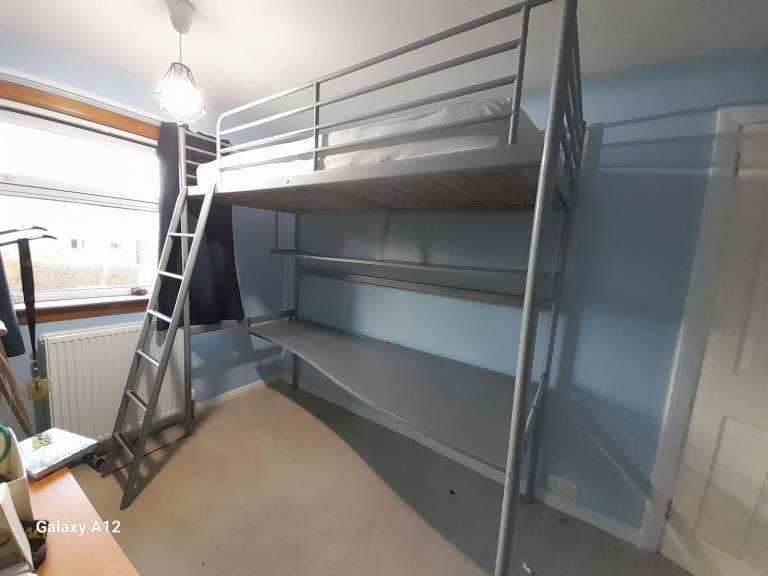 high sleeper bed with long desk solid metal construction