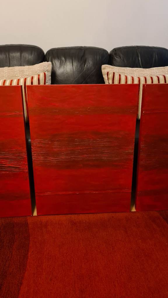 Set of 3 beautiful hand painted deep red burgundy art canvases  60 x 80cm