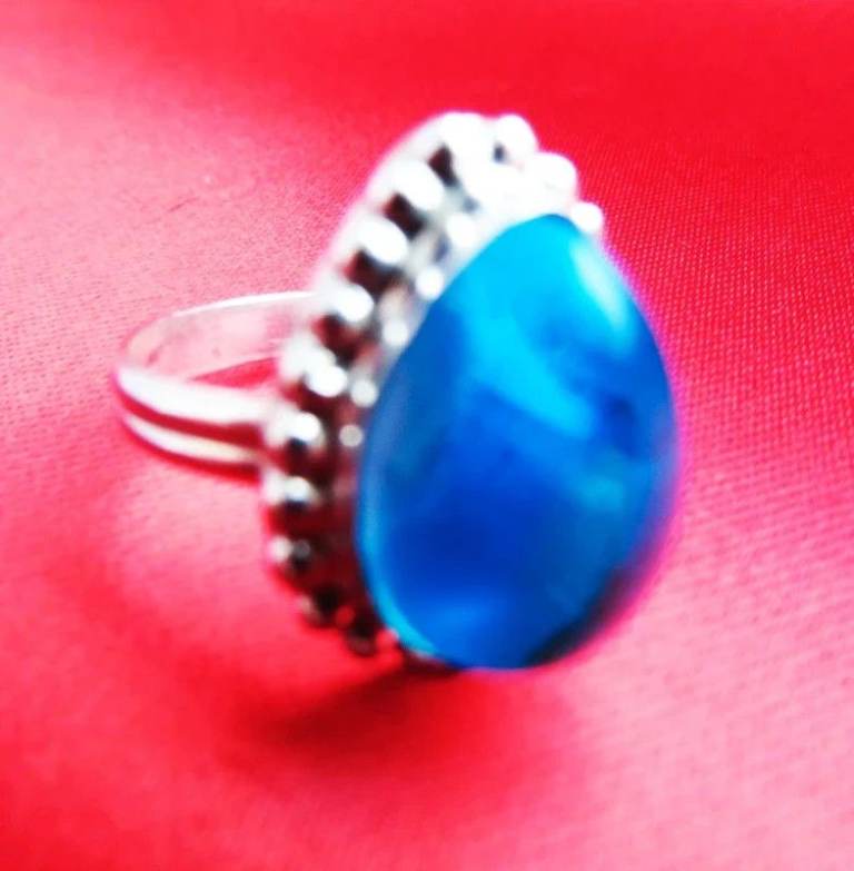 Lady's Teardrop Blue Quartz Silver Overlay Ring, Engraved, Size 8