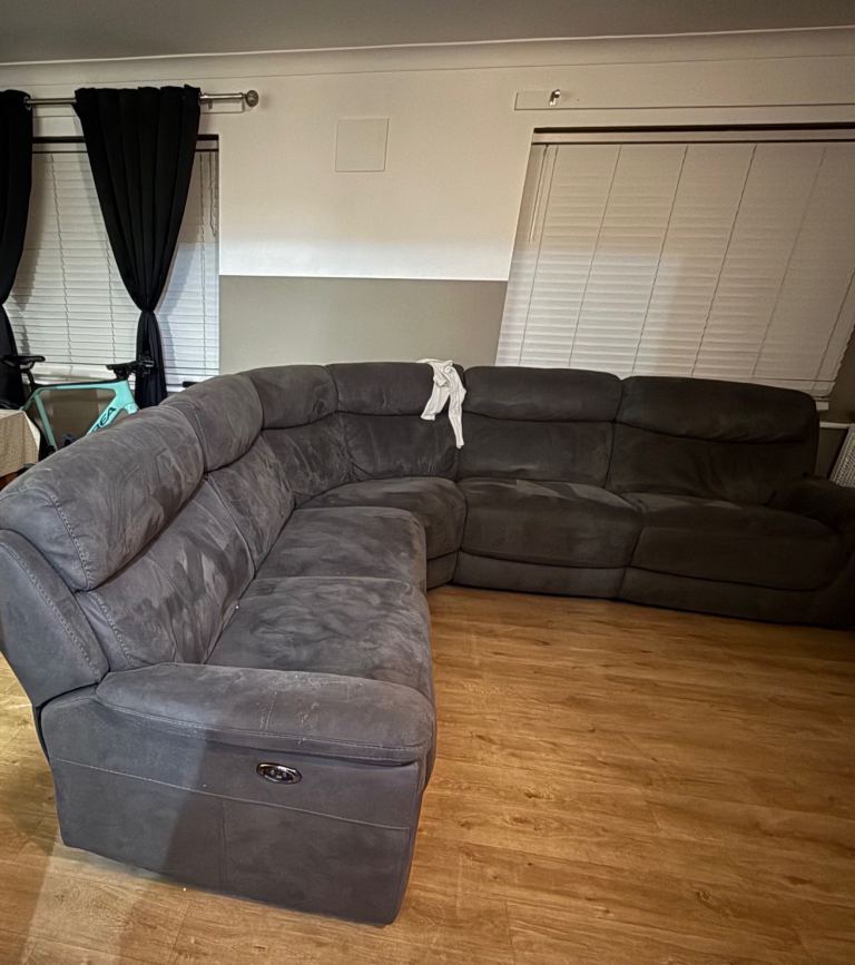 CAN DELIVER LOCAL GREY SUEDE ELECTRIC RECLINER CORNER SOFA AND FOOT STALL