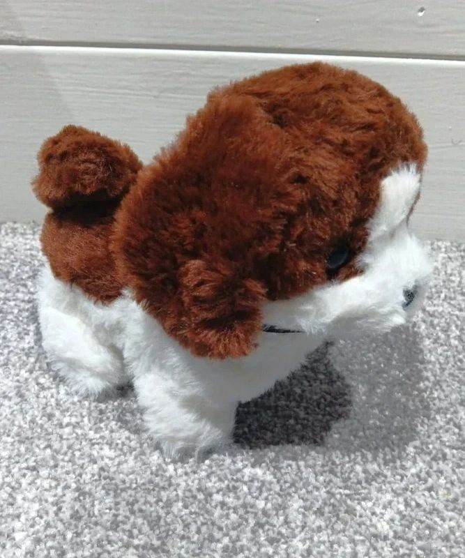 Brown White Electric Plush Puppy Toy – Walk, Bark, Nod – Battery Powered