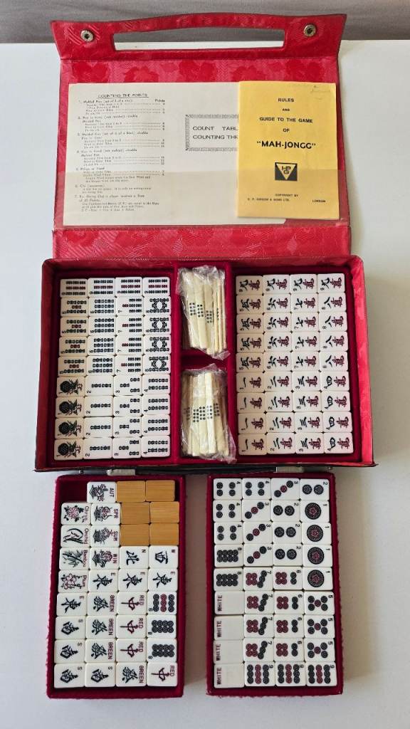 Vintage Mah-Jong Game Set w/ Bamboo base - 2 tiles missing - see photos