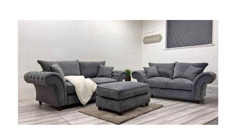 Grey Fabric Sofa Set with Matching Footstool – NEW Condition