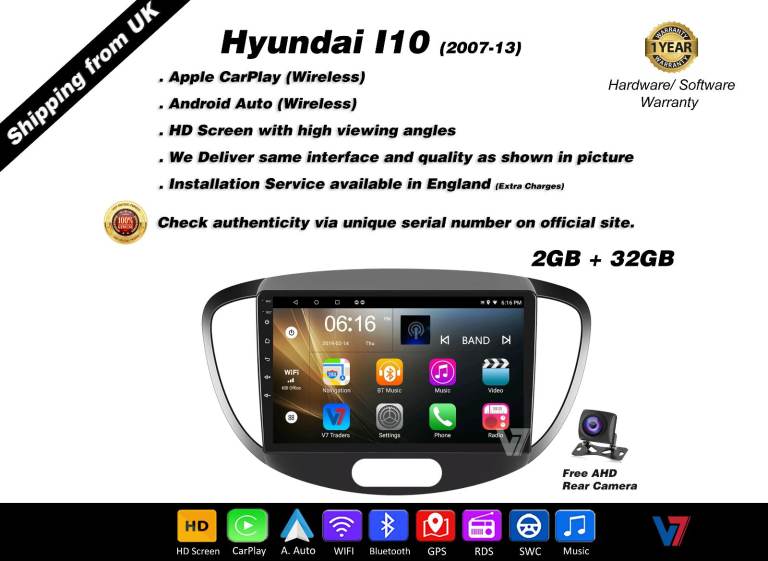 Hyundai I10 2007-13 CARPLAY Android Auto HD Screen Head Unit GPS Stereo LCD Panel V7