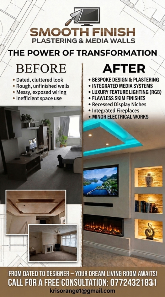 Smooth Finish Plastering & Media Walls - Home Transformation Service