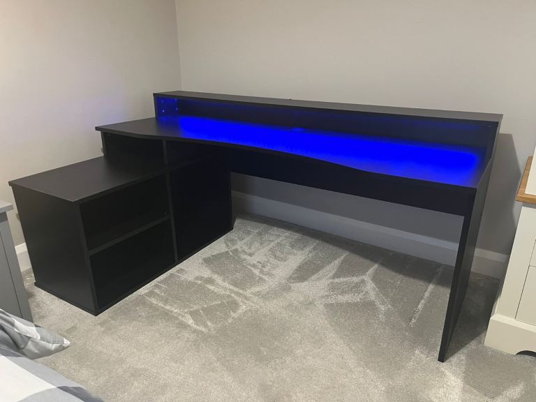 Alpha Gaming Desk in Black with LED Lights L Shape