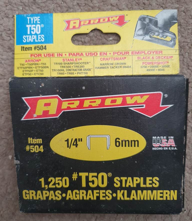 ARROW 6mm ( 1/4" ) T50 1250 Staples ITEM #504 MADE IN USA