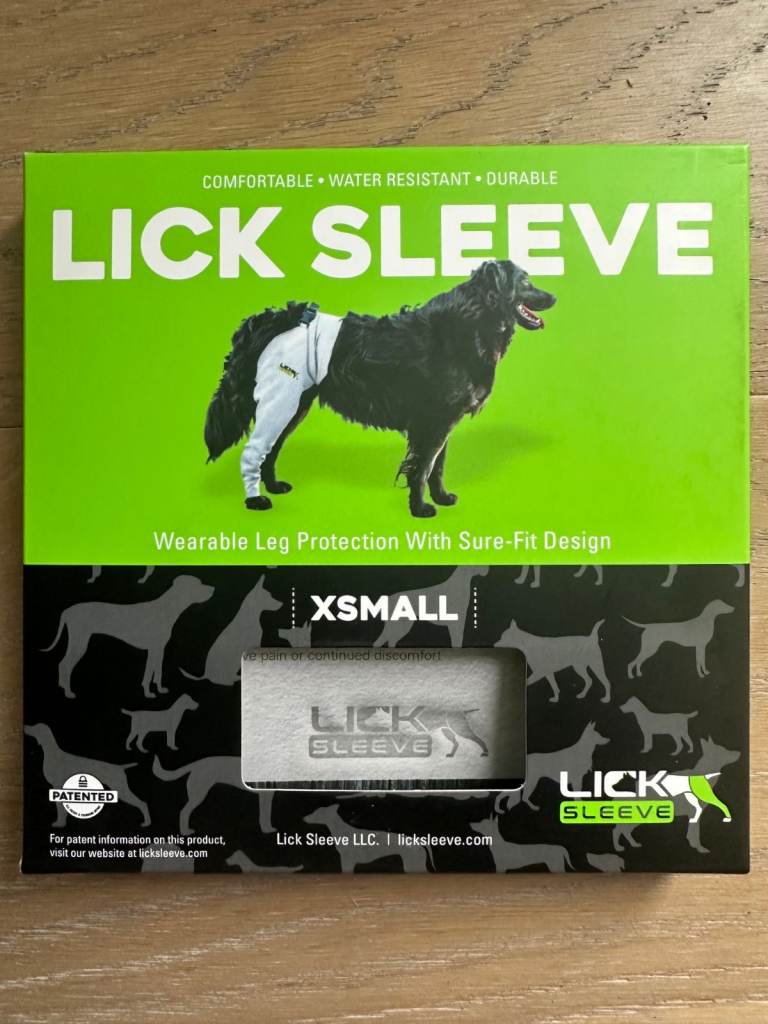 Lick Sleeve, to stop a dog from licking, scratching etc after surgery. Best on the market.