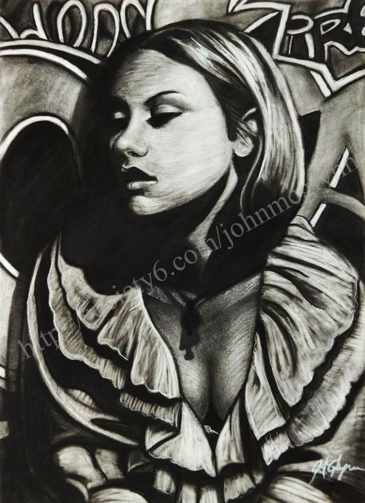 GRAFFITI GIRL CHARCOAL ON A2 PAPER ORIGINAL ART BY JOHN MCGLYNN