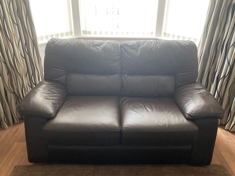 2 and 3 seater sofa with foot stool brown leather