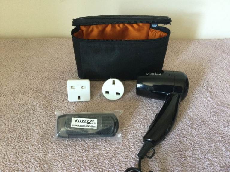 Travel hairdryer, 2 travel adaptors, new folding brush, and case