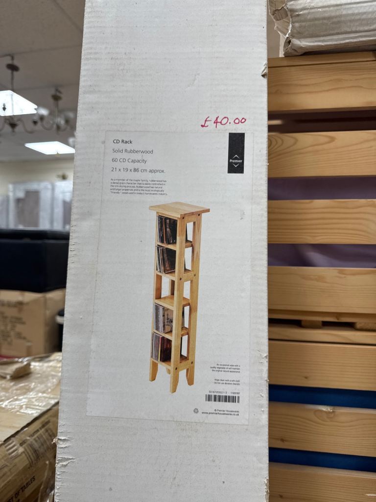 Tall narrow CD Rack / Storage Shelve Unit made from solid rubberwood Was £79.99