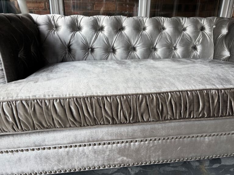 Grey Velvet Chesterfield Style Sofa – Good Condition
