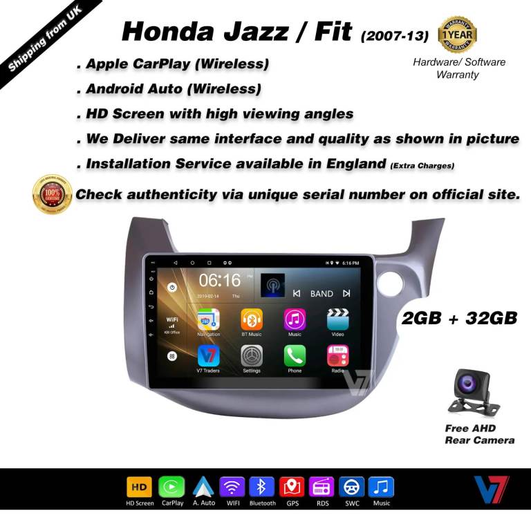 Honda Jazz 2007-13 CARPLAY Android Auto HD Screen Head Unit GPS Stereo LCD Panel V7