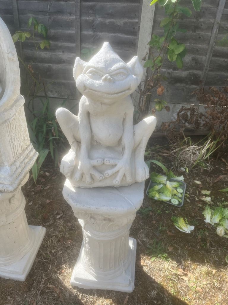 Garden Gargoyle Statue on Pedestal – Stone, Good Condition