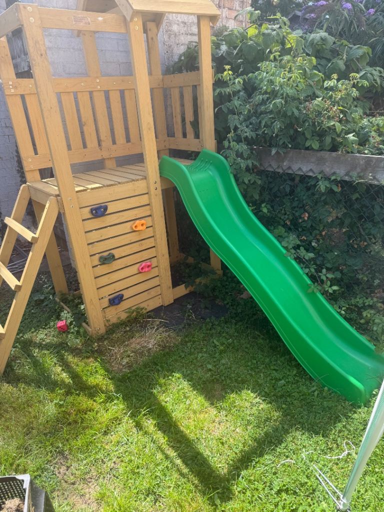 Good Condition Wooden Play Tower with Slide & Climbing Wall