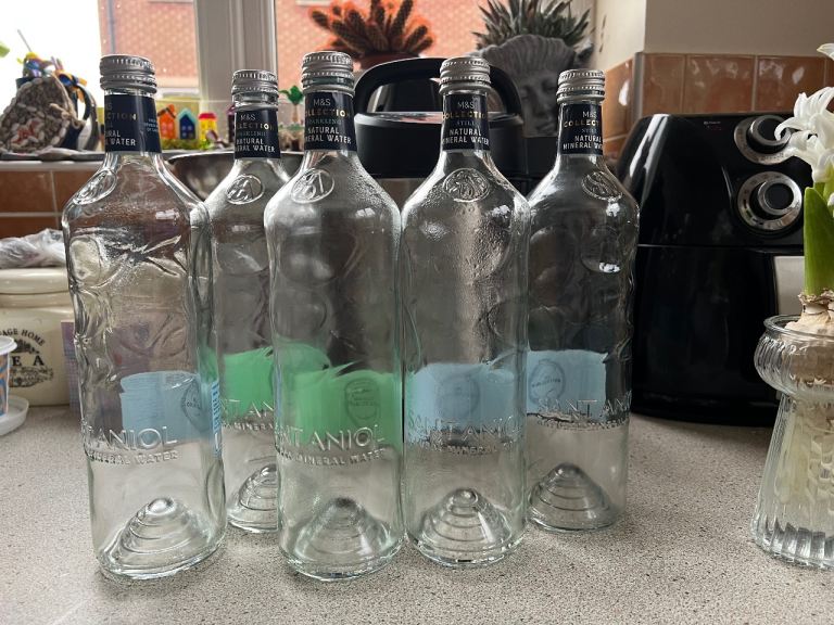 Free - 10 Empty Glass Water Bottles With Tops on