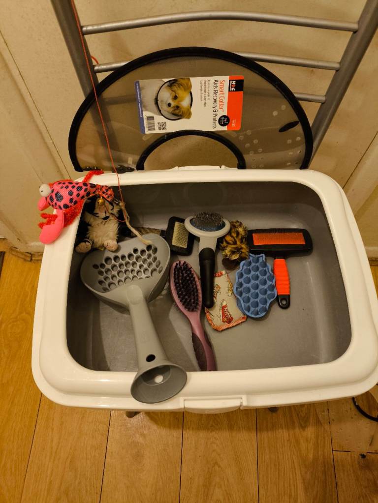 Cat litter tray and scoop/cat cone collar/Brush and comb...