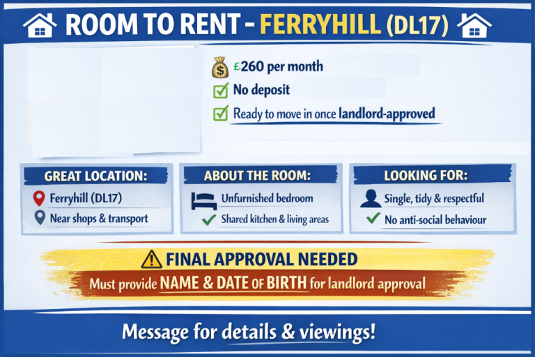 🏡 ROOM TO RENT – FERRYHILL (DL17) 🏡