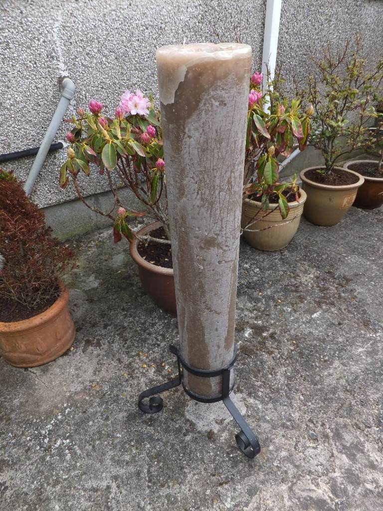 Huge John Lewis Marble effect 3 wick pillar candle in solid  blacksmiths metal stand  6 images signs