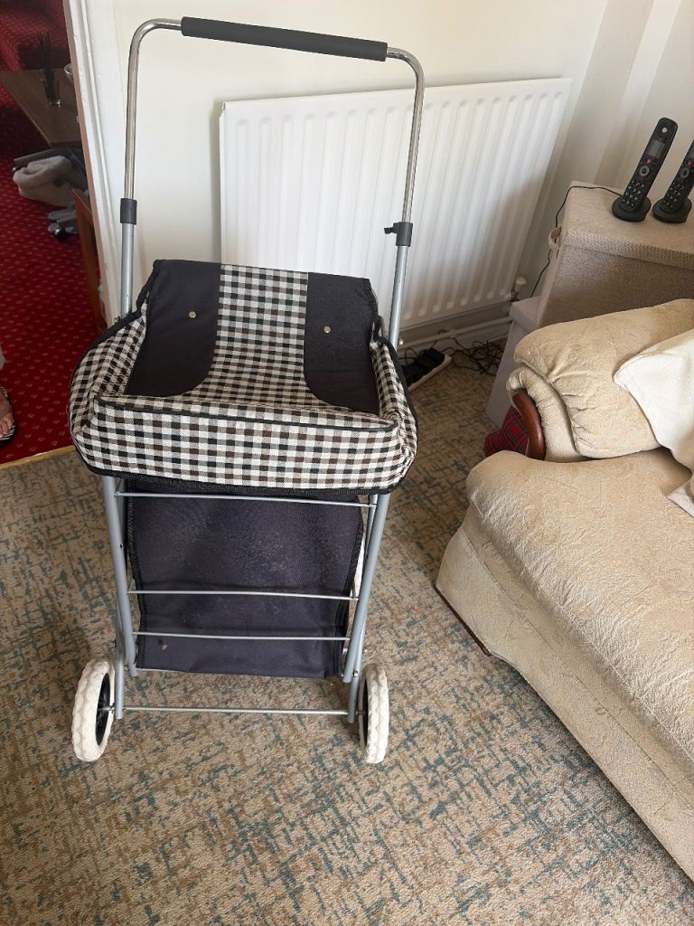 Black and White Gingham Shopping Trolley - Good Condition