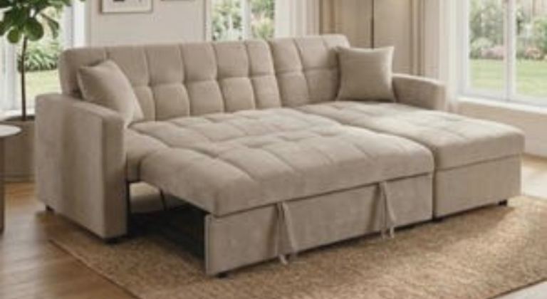 Beige Fabric Sofa Bed with Chaise Lounge – Good Condition