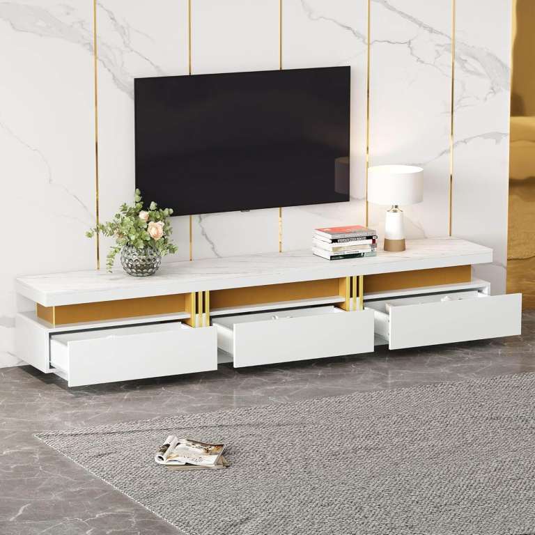  New BTM TV Stand up to 89" 3 Drawers, White Cabinet Faux Marble Top Gold Panel Design, 200x40x42 cm