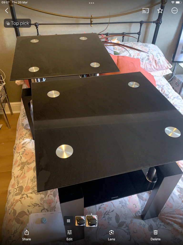 Two side occasional tables black glass 