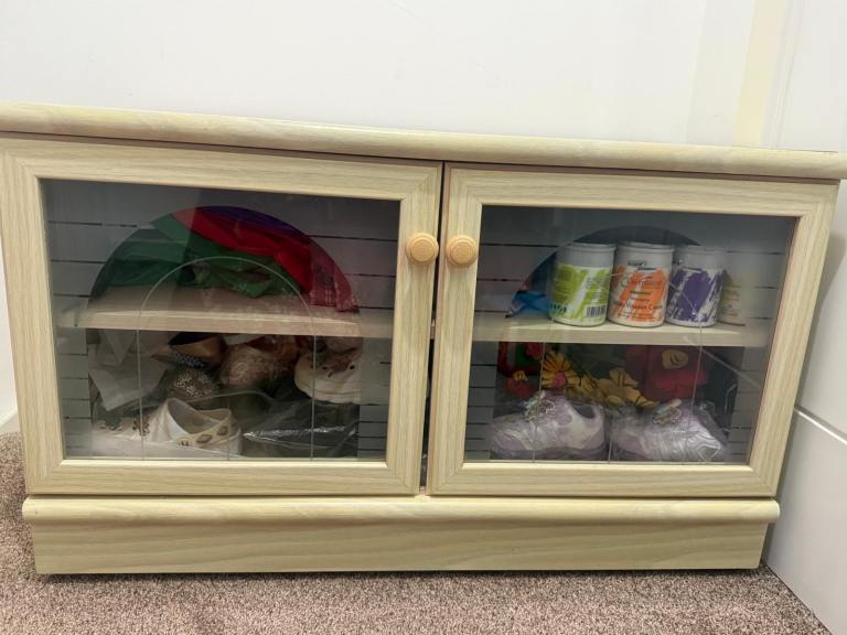 Low Wooden Storage Cabinet with Glass Doors