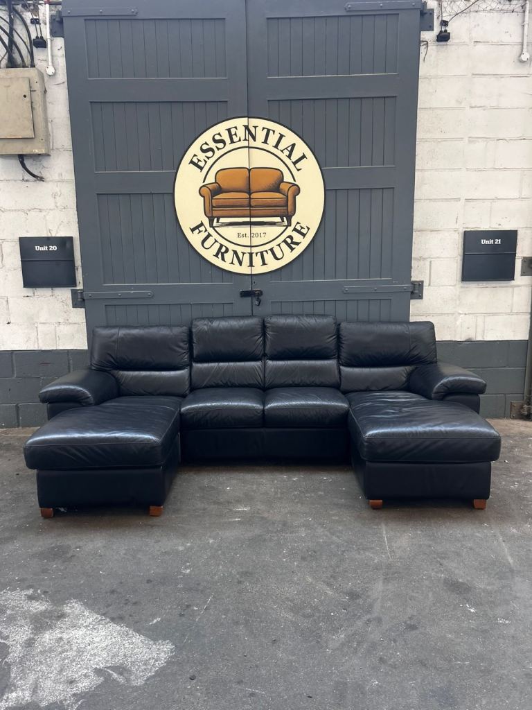 Black leather L / U sofa, FREE DELIVERY 
