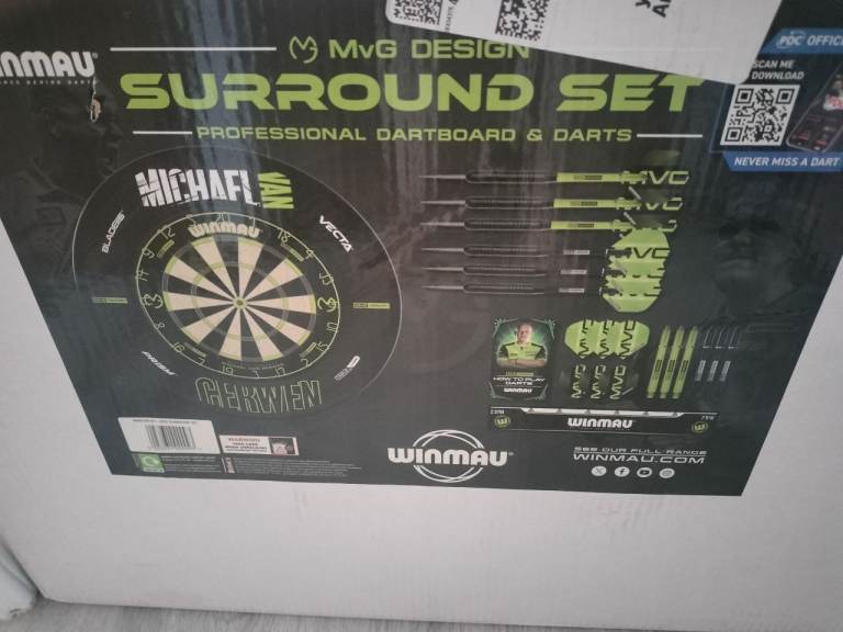 Winmau Brand New in box MVG complete darts set, board, surround, darts & accessories 