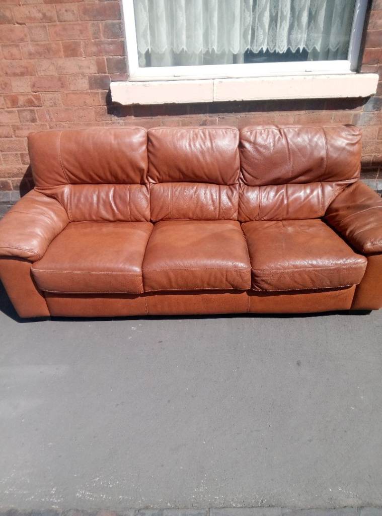 Brown Leather 3-Seater Sofa – Fair Condition