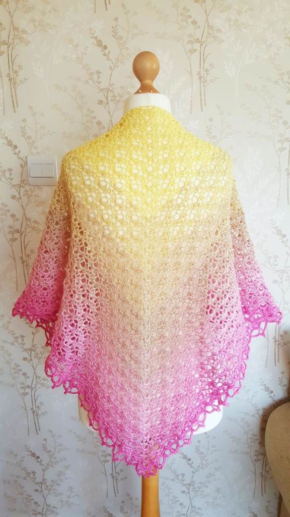 Gradient Knitted Shawl. Lace Shoulder Wrap, Handmade. Crochet Shrug. Boho Ombre, Sweet Lolita Vibes