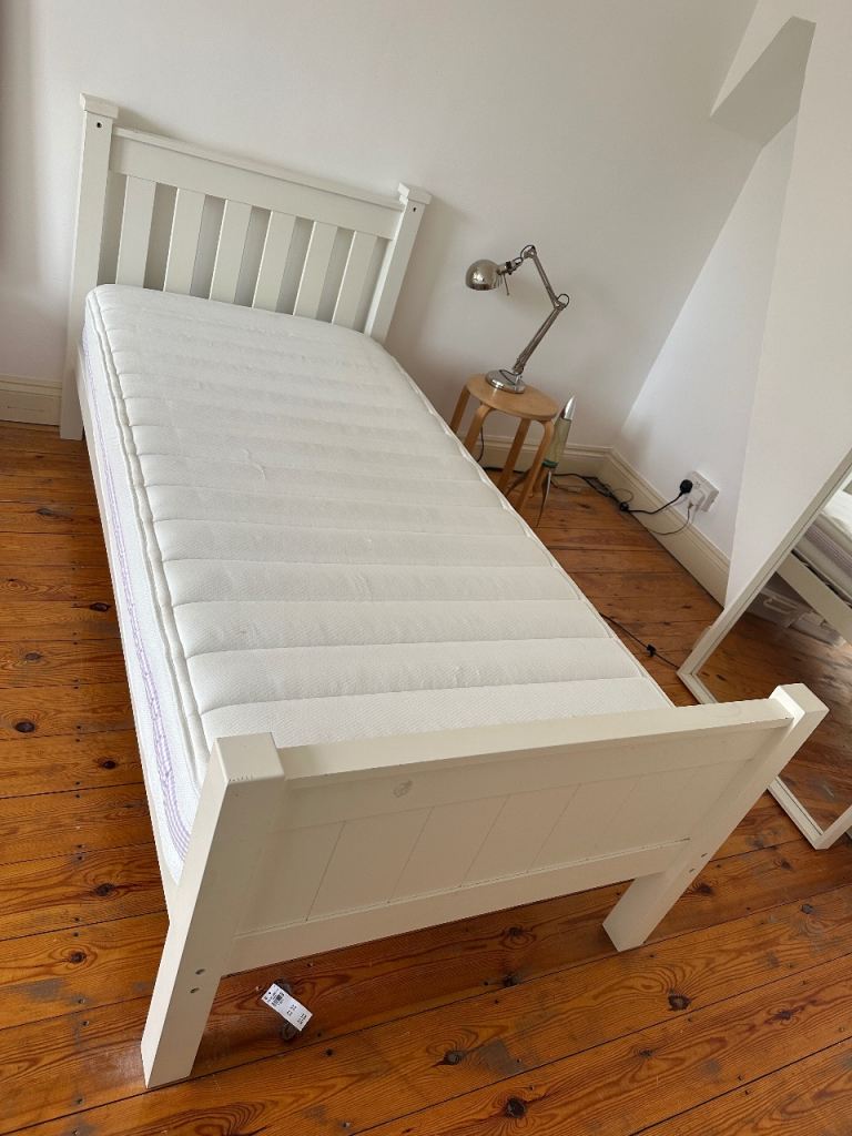 White wood single bed with mattress  