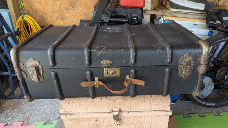 Vintage Black Travel Trunk/Suitcase - Fair Condition