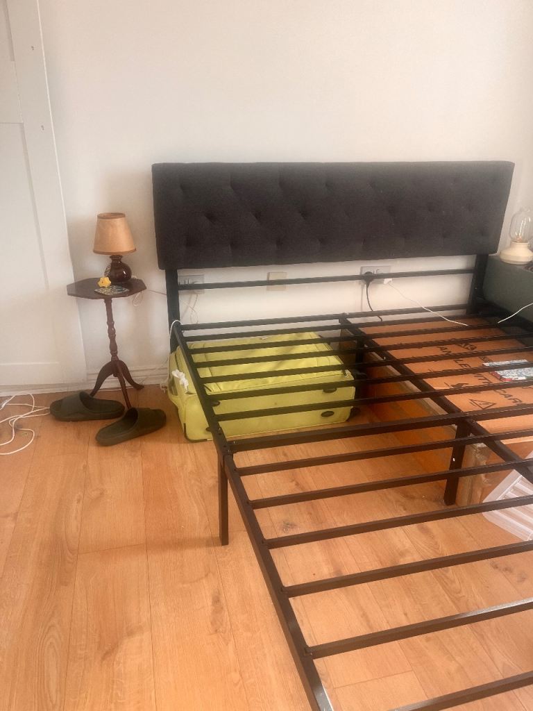 King Size Metal Bed Frame with Grey Headboard
